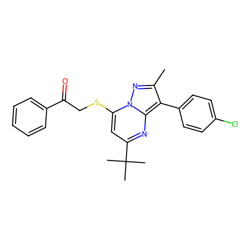 2-{[5-tert-butyl-3-(4-chlorophenyl)-2-methylpyrazolo[1,5-a]pyrimidin-7-yl]sulfanyl}-1-phenylethanone structure