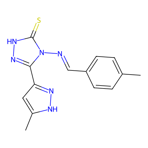 (E)-5-(3-methyl-1H-pyrazol-5-yl)-4-((4-methylbenzylidene)amino)-4H-1,2,4-triazole-3-thiol structure