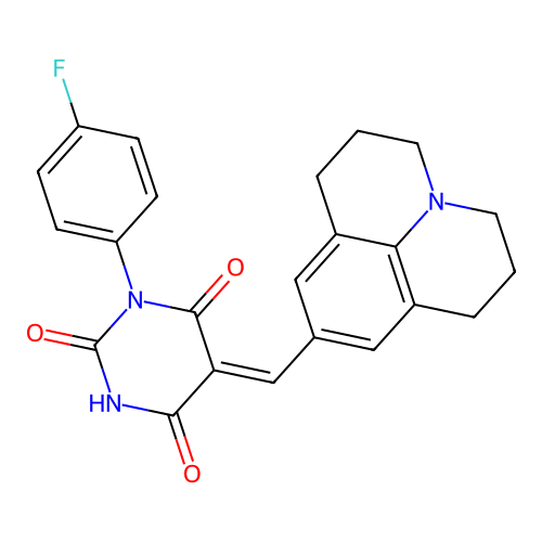(Z)-1-(4-fluorophenyl)-5-((1,2,3,5,6,7-hexahydropyrido[3,2,1-ij]quinolin-9-yl)methylene)pyrimidine-2,4,6(1H,3H,5H)-trione structure