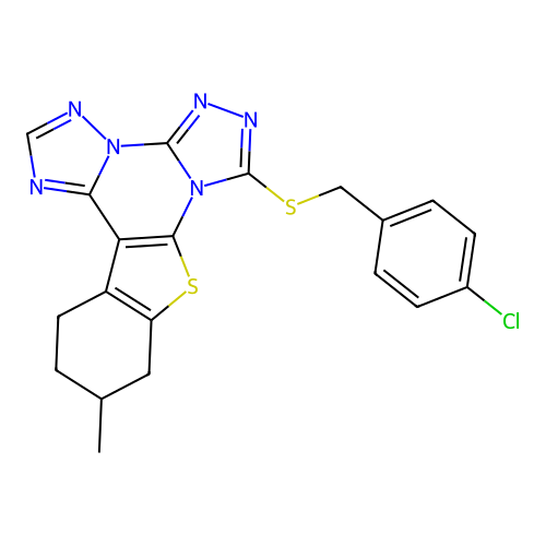 7-((4-chlorobenzyl)thio)-11-methyl-10,11,12,13-tetrahydrobenzo[4,5]thieno[3,2-e]bis([1,2,4]triazolo)[4,3-a:1',5'-c]pyrimidine structure