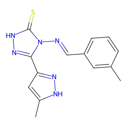 (E)-5-(3-methyl-1H-pyrazol-5-yl)-4-((3-methylbenzylidene)amino)-4H-1,2,4-triazole-3-thiol structure