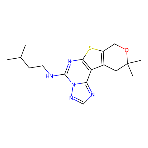10,10-dimethyl-N-(3-methylbutyl)-10,11-dihydro-8H-pyrano[4',3':4,5]thieno[3,2-e][1,2,4]triazolo[1,5-c]pyrimidin-5-amine structure