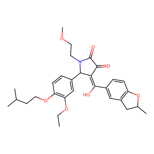 (4E)-5-[3-ethoxy-4-(3-methylbutoxy)phenyl]-4-[hydroxy(2-methyl-2,3-dihydro-1-benzofuran-5-yl)methylidene]-1-(2-methoxyethyl)pyrrolidine-2,3-dione structure