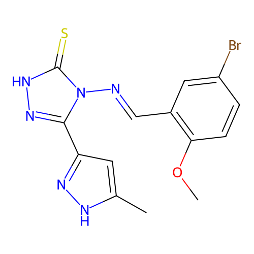 (E)-4-((5-bromo-2-methoxybenzylidene)amino)-5-(3-methyl-1H-pyrazol-5-yl)-4H-1,2,4-triazole-3-thiol structure