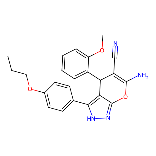 6-amino-4-(2-methoxyphenyl)-3-(4-propoxyphenyl)-2,4-dihydropyrano[2,3-c]pyrazole-5-carbonitrile structure