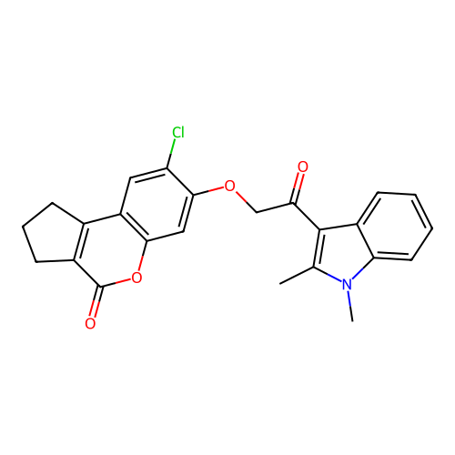 8-chloro-7-(2-(1,2-dimethyl-1H-indol-3-yl)-2-oxoethoxy)-2,3-dihydrocyclopenta[c]chromen-4(1H)-one structure