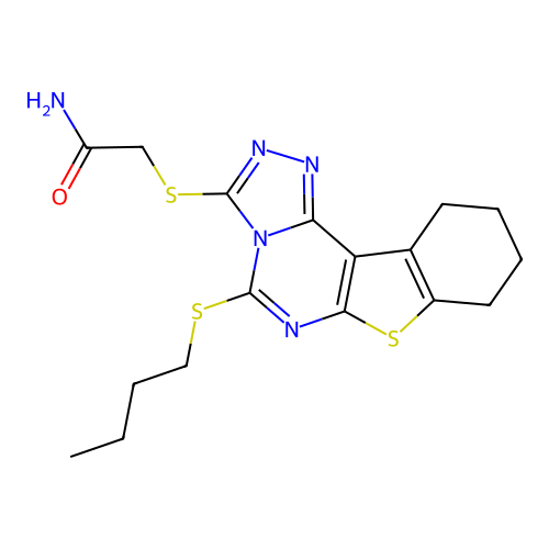 2-((5-(butylthio)-8,9,10,11-tetrahydrobenzo[4,5]thieno[3,2-e][1,2,4]triazolo[4,3-c]pyrimidin-3-yl)thio)acetamide structure