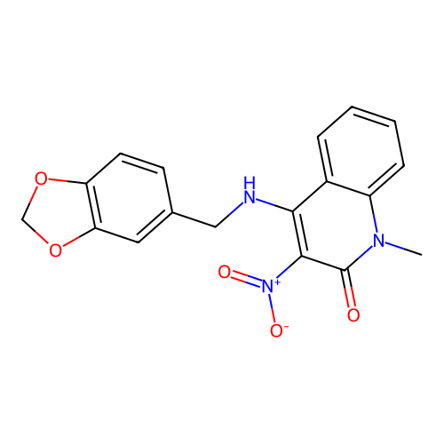 4-((benzo[d][1,3]dioxol-5-ylmethyl)amino)-1-methyl-3-nitroquinolin-2(1H)-one structure