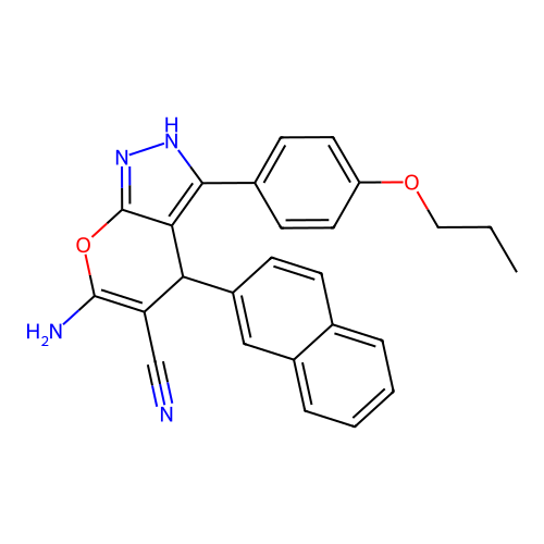 6-amino-4-(naphthalen-2-yl)-3-(4-propoxyphenyl)-1,4-dihydropyrano[2,3-c]pyrazole-5-carbonitrile structure