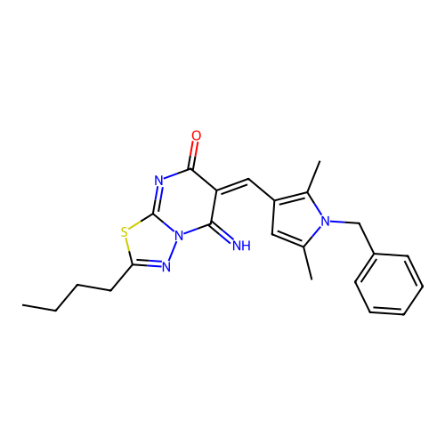 (6E)-6-[(1-benzyl-2,5-dimethylpyrrol-3-yl)methylidene]-2-butyl-5-imino-[1,3,4]thiadiazolo[3,2-a]pyrimidin-7-one structure