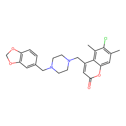 4-((4-(benzo[d][1,3]dioxol-5-ylmethyl)piperazin-1-yl)methyl)-6-chloro-5,7-dimethyl-2H-chromen-2-one structure