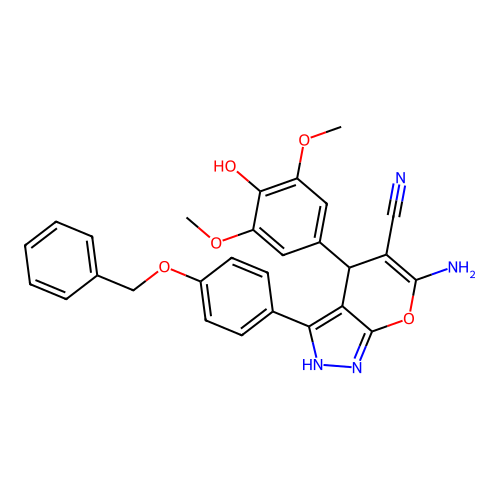 6-amino-3-(4-(benzyloxy)phenyl)-4-(4-hydroxy-3,5-dimethoxyphenyl)-1,4-dihydropyrano[2,3-c]pyrazole-5-carbonitrile structure