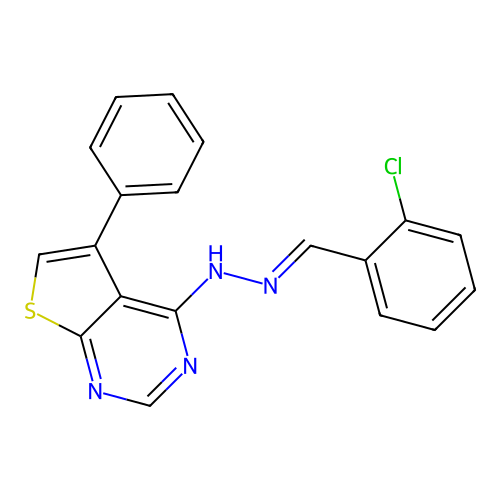 4-[(2E)-2-(2-chlorobenzylidene)hydrazinyl]-5-phenylthieno[2,3-d]pyrimidine structure