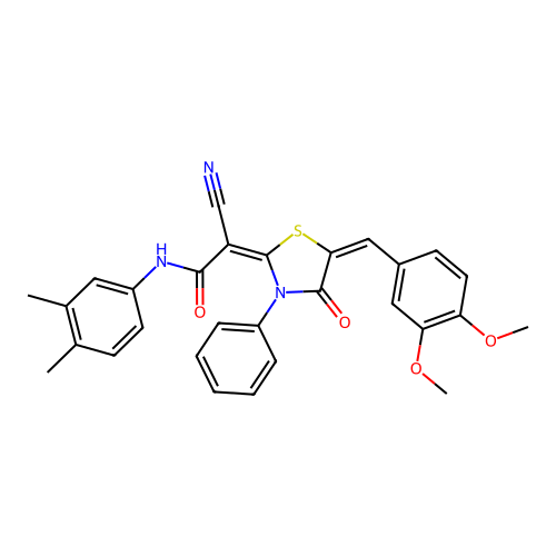 (2E)-2-cyano-2-[(5E)-5-[(3,4-dimethoxyphenyl)methylidene]-4-oxo-3-phenyl-1,3-thiazolidin-2-ylidene]-N-(3,4-dimethylphenyl)acetamide structure