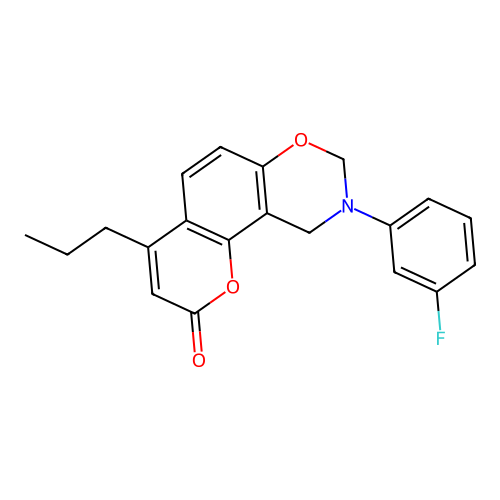 9-(3-fluorophenyl)-4-propyl-9,10-dihydro-2H,8H-chromeno[8,7-e][1,3]oxazin-2-one structure