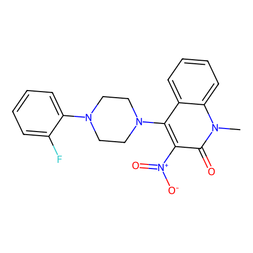 4-(4-(2-fluorophenyl)piperazin-1-yl)-1-methyl-3-nitroquinolin-2(1H)-one structure