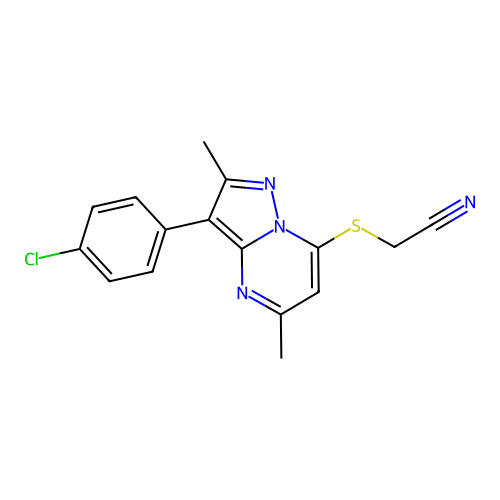 2-[3-(4-chlorophenyl)-2,5-dimethylpyrazolo[1,5-a]pyrimidin-7-yl]sulfanylacetonitrile structure
