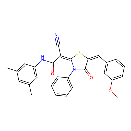 (2E)-2-cyano-N-(3,5-dimethylphenyl)-2-[(5E)-5-[(3-methoxyphenyl)methylidene]-4-oxo-3-phenyl-1,3-thiazolidin-2-ylidene]acetamide structure