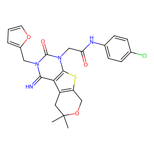 N-(4-chlorophenyl)-2-[3-(2-furanylmethyl)-4-imino-6,6-dimethyl-2-oxo-5,8-dihydropyrano[2,3]thieno[2,4-b]pyrimidin-1-yl]acetamide structure