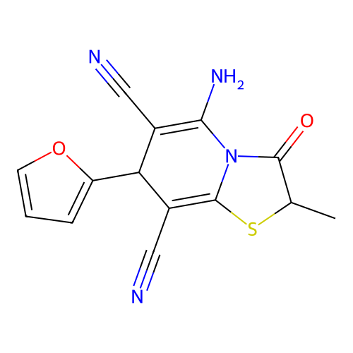 5-amino-7-(furan-2-yl)-2-methyl-3-oxo-2,3-dihydro-7H-[1,3]thiazolo[3,2-a]pyridine-6,8-dicarbonitrile structure