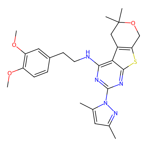 N-(3,4-dimethoxyphenethyl)-2-(3,5-dimethyl-1H-pyrazol-1-yl)-6,6-dimethyl-6,8-dihydro-5H-pyrano[4',3':4,5]thieno[2,3-d]pyrimidin-4-amine structure