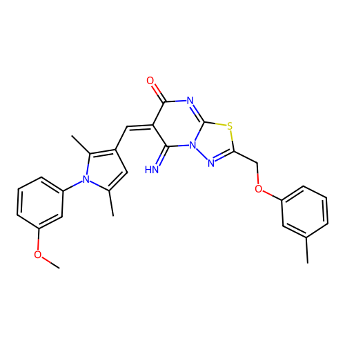 (E)-5-imino-6-((1-(3-methoxyphenyl)-2,5-dimethyl-1H-pyrrol-3-yl)methylene)-2-((m-tolyloxy)methyl)-5H-[1,3,4]thiadiazolo[3,2-a]pyrimidin-7(6H)-one structure