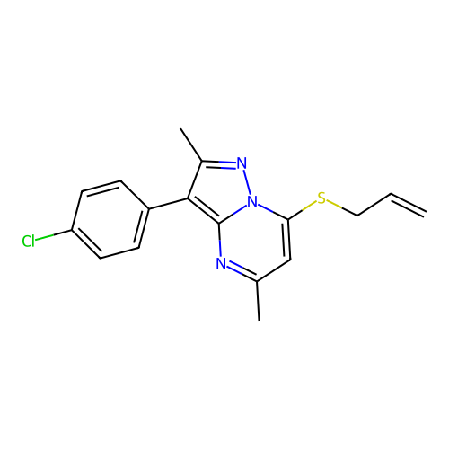 3-(4-chlorophenyl)-2,5-dimethyl-7-(prop-2-en-1-ylsulfanyl)pyrazolo[1,5-a]pyrimidine structure