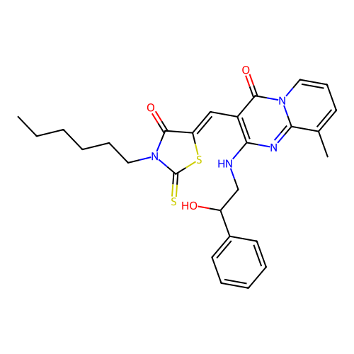 3-[(Z)-(3-hexyl-4-oxo-2-thioxo-1,3-thiazolidin-5-ylidene)methyl]-2-[(2-hydroxy-2-phenylethyl)amino]-9-methyl-4H-pyrido[1,2-a]pyrimidin-4-one structure