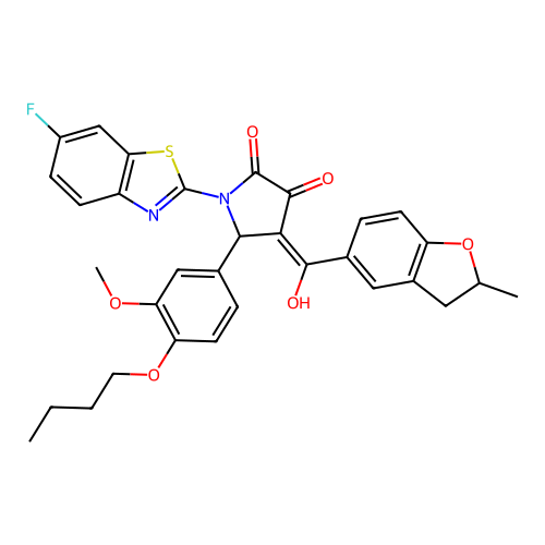 (4E)-5-(4-butoxy-3-methoxyphenyl)-1-(6-fluoro-1,3-benzothiazol-2-yl)-4-[hydroxy(2-methyl-2,3-dihydro-1-benzofuran-5-yl)methylidene]pyrrolidine-2,3-dione structure