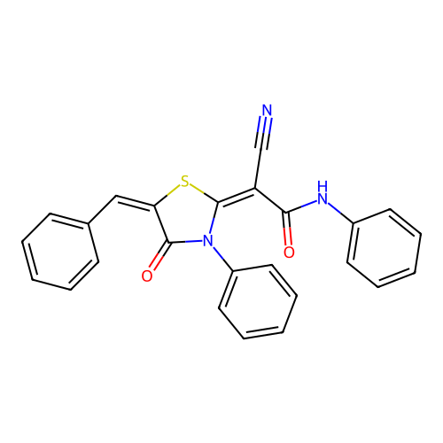 (E)-2-((E)-5-benzylidene-4-oxo-3-phenylthiazolidin-2-ylidene)-2-cyano-N-phenylacetamide structure