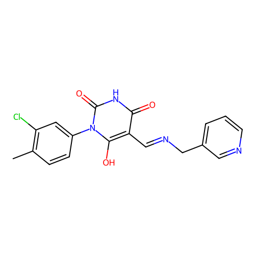 (5E)-1-(3-chloro-4-methylphenyl)-2,6-dioxo-5-{[(pyridinium-3-ylmethyl)amino]methylidene}-1,2,5,6-tetrahydropyrimidin-4-olate structure
