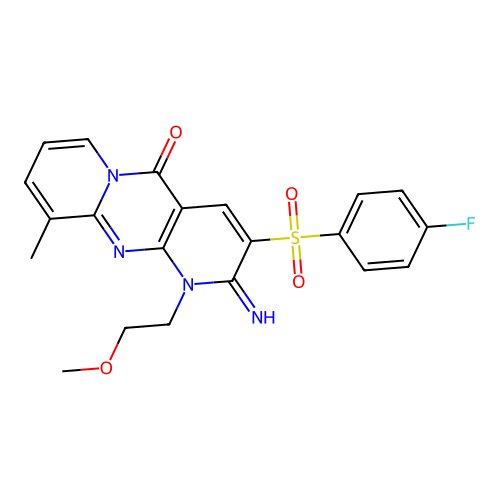 3-((4-fluorophenyl)sulfonyl)-2-imino-1-(2-methoxyethyl)-10-methyl-1H-dipyrido[1,2-a:2',3'-d]pyrimidin-5(2H)-one structure