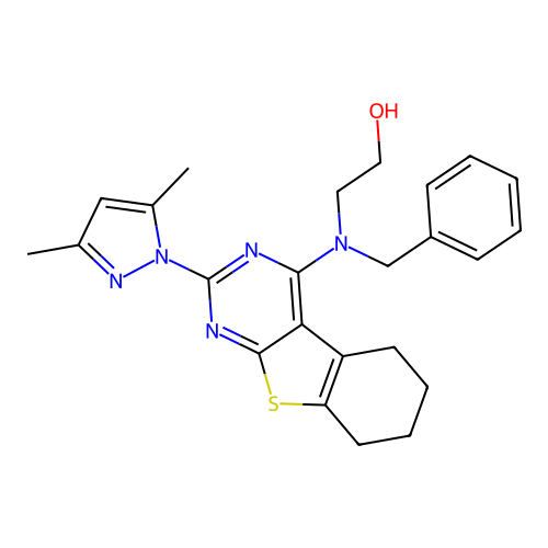 2-(benzyl(2-(3,5-dimethyl-1H-pyrazol-1-yl)-5,6,7,8-tetrahydrobenzo[4,5]thieno[2,3-d]pyrimidin-4-yl)amino)ethanol structure