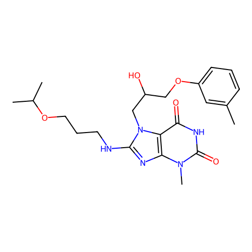 6-hydroxy-7-[2-hydroxy-3-(3-methylphenoxy)propyl]-3-methyl-8-{[3-(propan-2-yloxy)propyl]amino}-3,7-dihydro-2H-purin-2-one structure