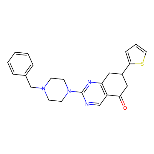 2-(4-benzylpiperazin-1-yl)-7-(thiophen-2-yl)-7,8-dihydroquinazolin-5(6H)-one structure