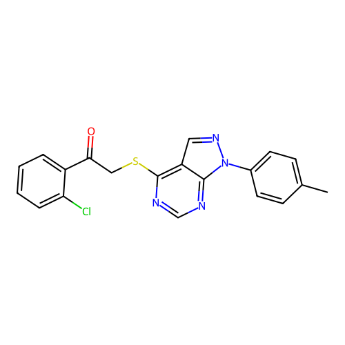 1-(2-chlorophenyl)-2-((1-(p-tolyl)-1H-pyrazolo[3,4-d]pyrimidin-4-yl)thio)ethanone structure