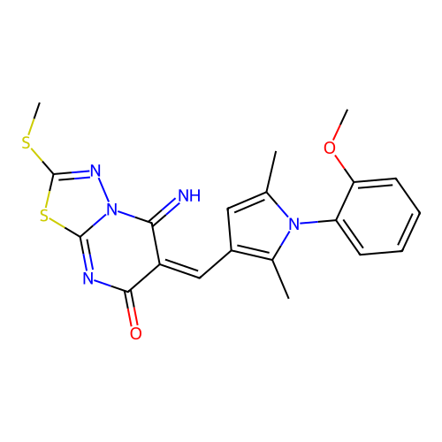 (6E)-5-imino-6-[[1-(2-methoxyphenyl)-2,5-dimethylpyrrol-3-yl]methylidene]-2-methylsulfanyl-[1,3,4]thiadiazolo[3,2-a]pyrimidin-7-one structure