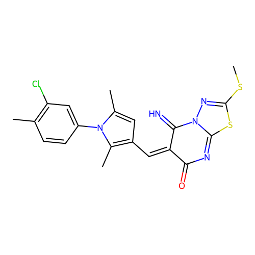 (6E)-6-[[1-(3-chloro-4-methylphenyl)-2,5-dimethylpyrrol-3-yl]methylidene]-5-imino-2-methylsulfanyl-[1,3,4]thiadiazolo[3,2-a]pyrimidin-7-one structure