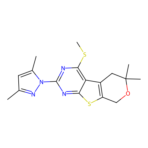 2-(3,5-dimethyl-1H-pyrazol-1-yl)-6,6-dimethyl-4-(methylsulfanyl)-5,8-dihydro-6H-pyrano[4',3':4,5]thieno[2,3-d]pyrimidine structure