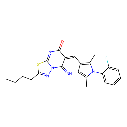 (6E)-2-butyl-6-[[1-(2-fluorophenyl)-2,5-dimethylpyrrol-3-yl]methylidene]-5-imino-[1,3,4]thiadiazolo[3,2-a]pyrimidin-7-one structure