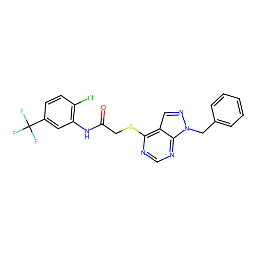 2-((1-benzyl-1H-pyrazolo[3,4-d]pyrimidin-4-yl)thio)-N-(2-chloro-5-(trifluoromethyl)phenyl)acetamide structure