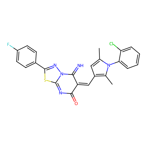(E)-6-((1-(2-chlorophenyl)-2,5-dimethyl-1H-pyrrol-3-yl)methylene)-2-(4-fluorophenyl)-5-imino-5H-[1,3,4]thiadiazolo[3,2-a]pyrimidin-7(6H)-one structure