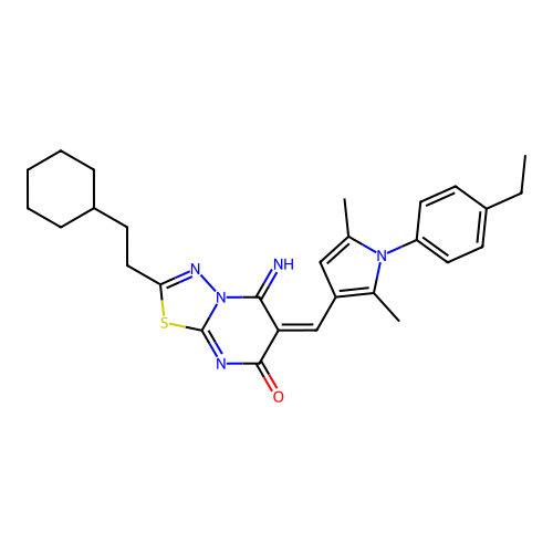 (E)-2-(2-cyclohexylethyl)-6-((1-(4-ethylphenyl)-2,5-dimethyl-1H-pyrrol-3-yl)methylene)-5-imino-5H-[1,3,4]thiadiazolo[3,2-a]pyrimidin-7(6H)-one structure