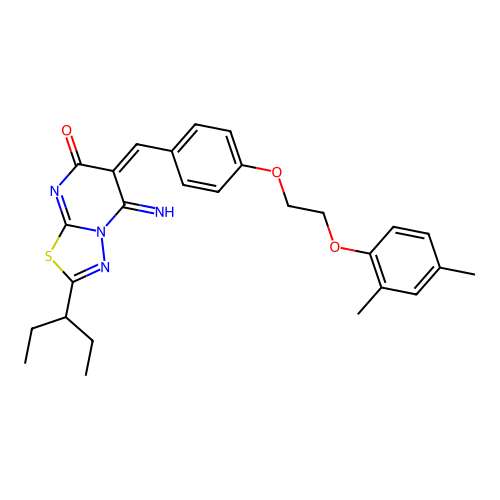 (E)-6-(4-(2-(2,4-dimethylphenoxy)ethoxy)benzylidene)-5-imino-2-(pentan-3-yl)-5H-[1,3,4]thiadiazolo[3,2-a]pyrimidin-7(6H)-one structure