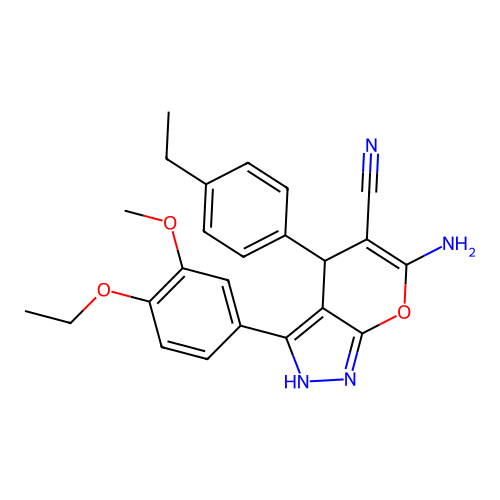 6-amino-3-(4-ethoxy-3-methoxyphenyl)-4-(4-ethylphenyl)-2,4-dihydropyrano[2,3-c]pyrazole-5-carbonitrile structure