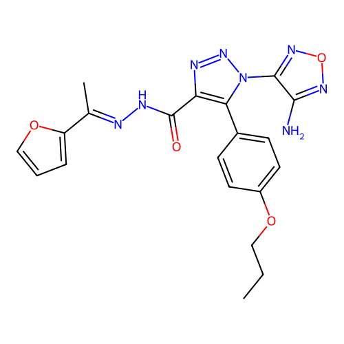 (E)-1-(4-amino-1,2,5-oxadiazol-3-yl)-N'-(1-(furan-2-yl)ethylidene)-5-(4-propoxyphenyl)-1H-1,2,3-triazole-4-carbohydrazide structure