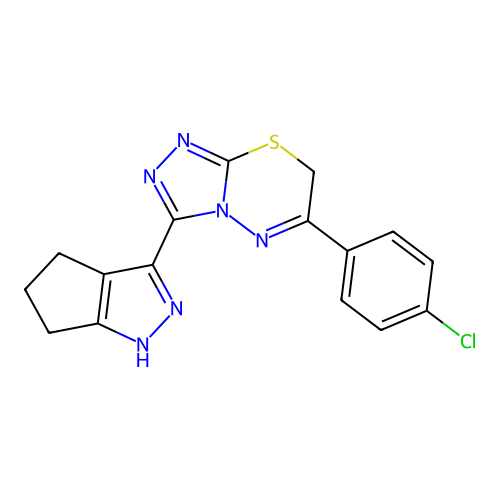 6-(4-chlorophenyl)-3-(1,4,5,6-tetrahydrocyclopenta[c]pyrazol-3-yl)-7H-[1,2,4]triazolo[3,4-b][1,3,4]thiadiazine structure