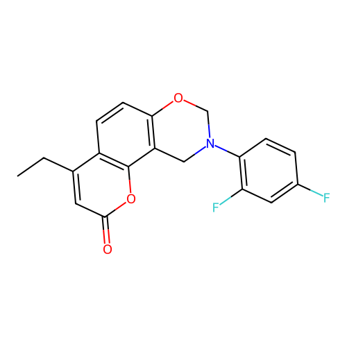 9-(2,4-difluorophenyl)-4-ethyl-8,10-dihydropyrano[2,3-f][1,3]benzoxazin-2-one structure