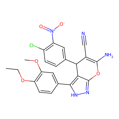 6-amino-4-(4-chloro-3-nitrophenyl)-3-(4-ethoxy-3-methoxyphenyl)-2,4-dihydropyrano[2,3-c]pyrazole-5-carbonitrile structure