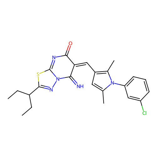 (E)-6-((1-(3-chlorophenyl)-2,5-dimethyl-1H-pyrrol-3-yl)methylene)-5-imino-2-(pentan-3-yl)-5H-[1,3,4]thiadiazolo[3,2-a]pyrimidin-7(6H)-one structure